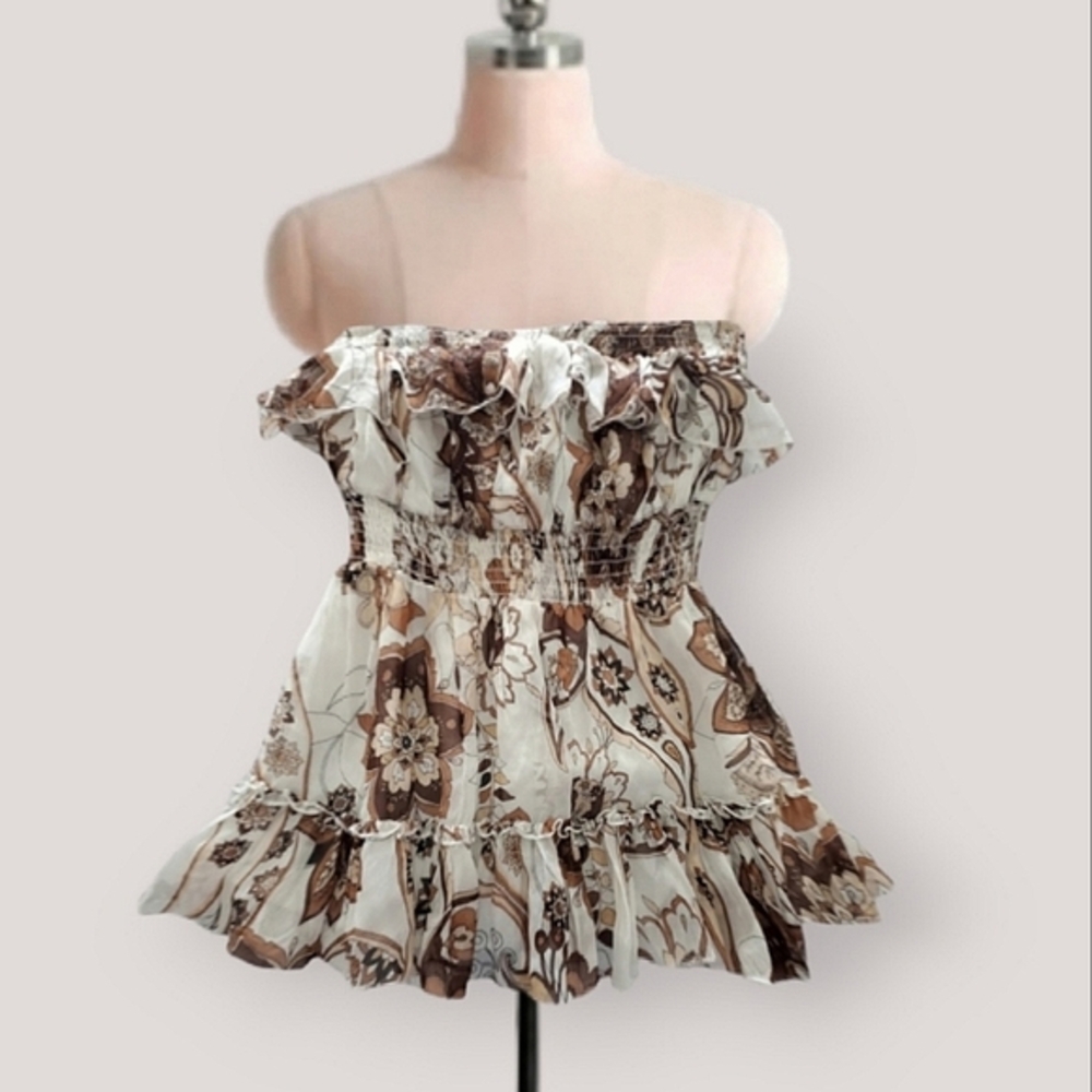 Vintage Y2K Silk BEBE Flounce Pleated Paisley Jacquard Strapless Flutter Top